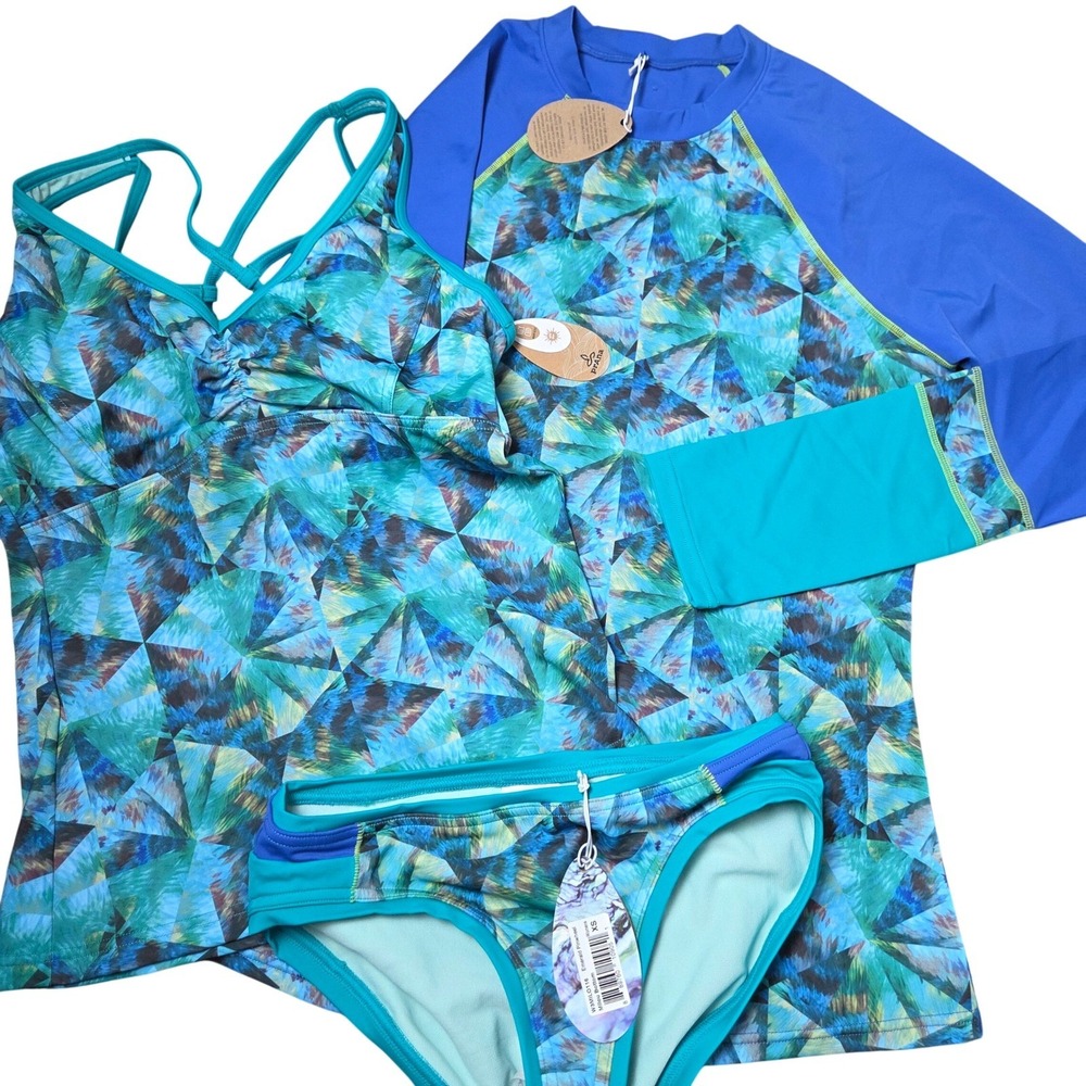NWT Prana Tankini Swim Set Geometric 3 Piece Rash Guard Milou Bottom XS